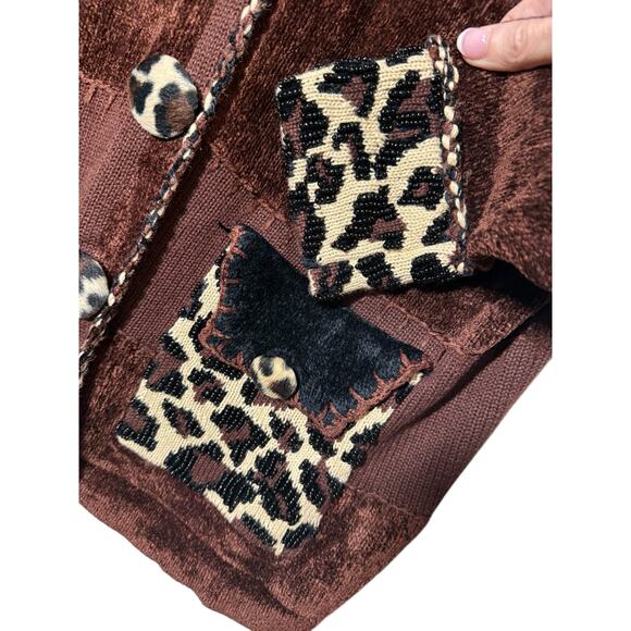 Berek Sweater Womens L Brown Animal Print Leopard Beaded Cardigan Button Vintage - Picture 9 of 16
